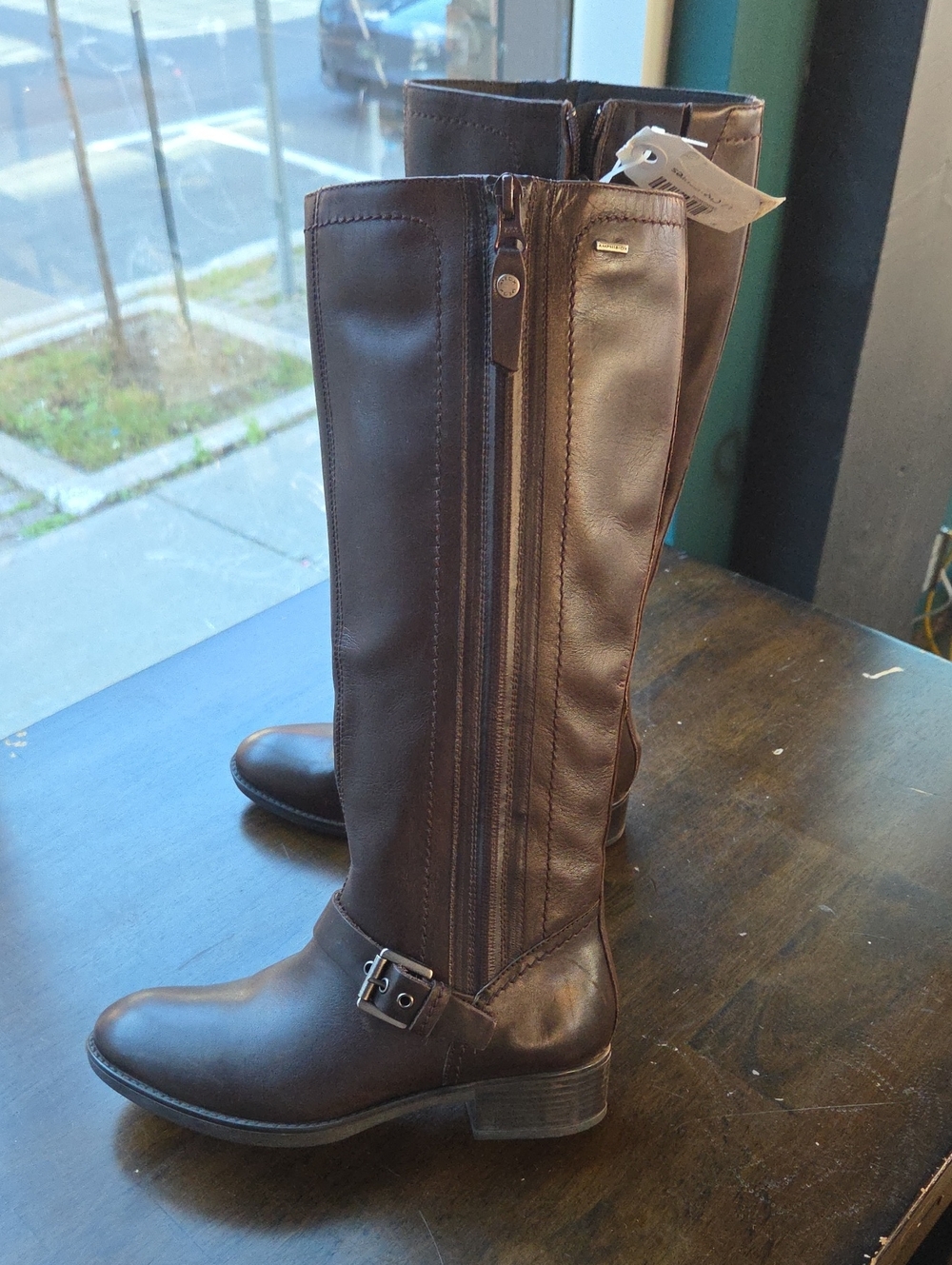 Geox Size 5 Women's Tall Brown Leather Waterproof Boots - Classic Zip & Buckle
